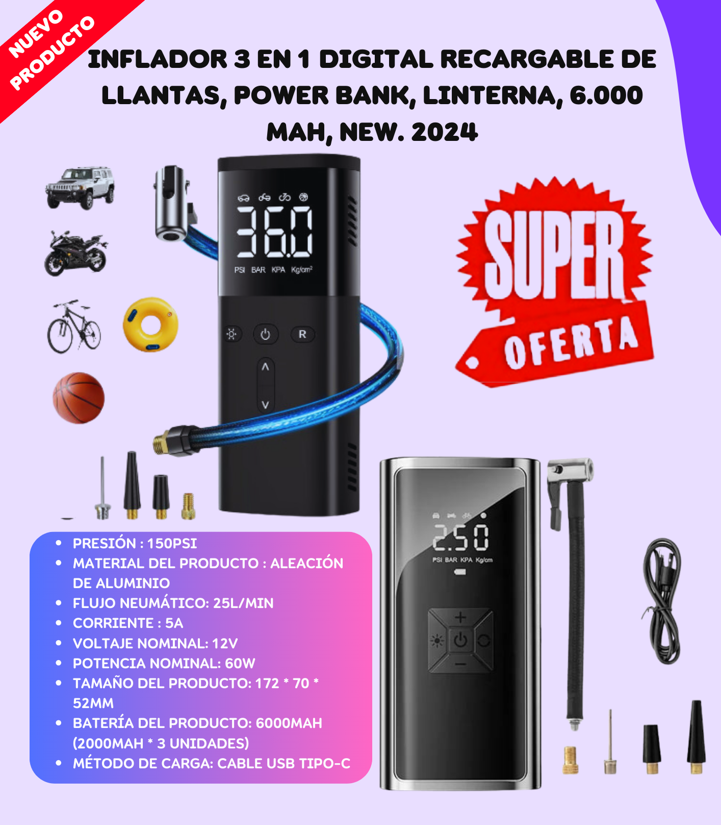 INFLADOR 3 EN 1 DIGITAL - POWER BANK